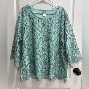 Fair Lady Seafoam Green Floral Lace Blouse, Woman’s Size 20